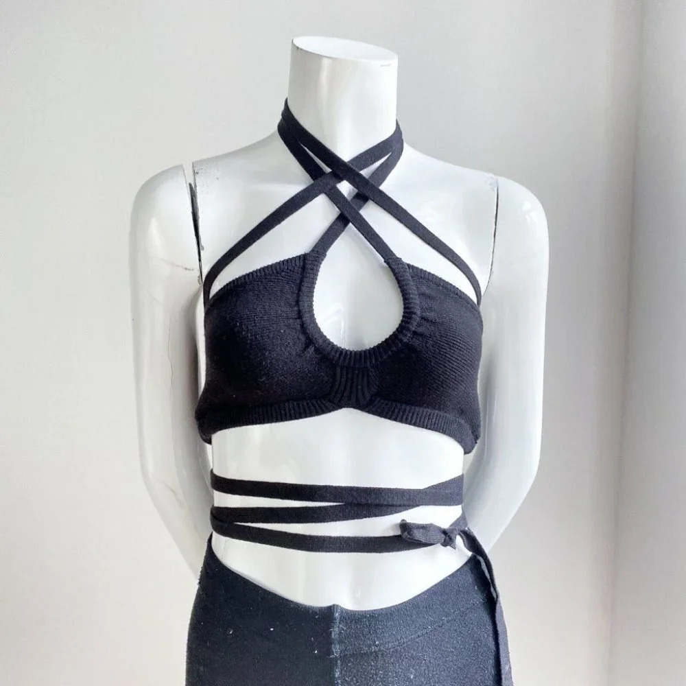For Love & Lemons Black Knit Strappy Bralette  Top S